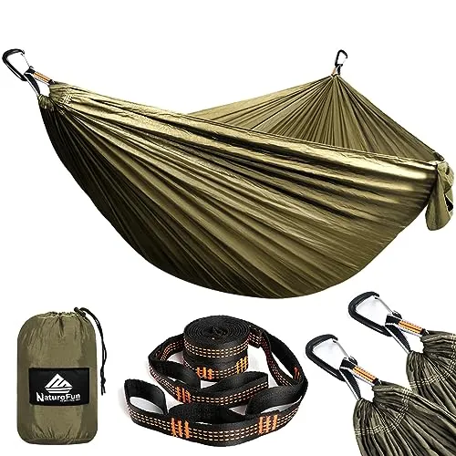 NATUREFUN Ultraleichte Reise Camping Hängematte | 300kg Tragkraft (300 x 200 cm) Atmungsaktiv, Schnelltrocknendes Fallschirm Nylon | 2 x Premium Karabiner, 2 x Nylon-Schlingen Inbegriffen | Draußen