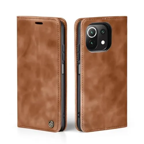 LBH Handyhülle für Xiaomi Mi 11 Lite / 11 Lite 5G in Hellbraun mit Karten- und Geldfach Smartphone Hülle mit Standfunktion Flip Case Schutzhülle Magnetverschluss Vintage