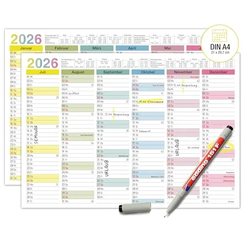 TOBJA abwischbarer Wandkalender 2026 A4 -