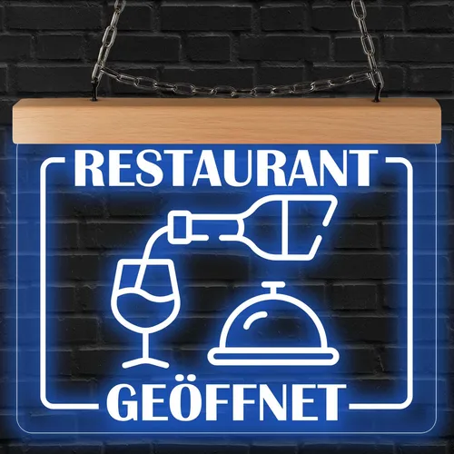 LED Leuchtschild Restaurant geöffnet graviert - 26x20 cm beleuchtet Büro & Laden