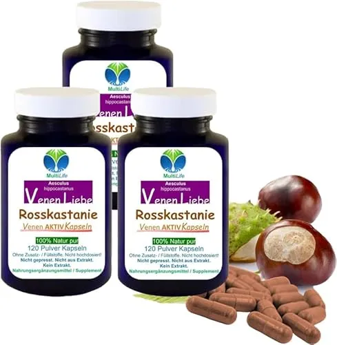 Rosskastanie 360 Kapseln - Venen AKTIV - Nahrungsergänzung zur Unterstützung der Venengesundheit, enthält Aescin für spürbare Linderung von schweren, geschwollenen Beinen. Ideal bei langem Stehen oder Sitzen, ganz ohne Zusatzstoffe.