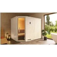 Weka Elementsauna Varberg 4 GT Trend mit BioS-Ofenset 7,5 kW - Massivholzsauna mit einfachem Aufbau, eleganter Graphit-Optik und hoher Energieeffizienz. Ideal für kleine Räume und sorgt für entspannende Wellnessmomente im eigenen Zuhause.