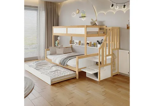 Okwish Etagenbett in Weiß, 90x200 cm – Praktisches Kinderbett mit Stauraum - Das Okwish Etagenbett in Weiß überzeugt durch modernes Design und effiziente Raumnutzung. Mit Stauraum in der Treppe und einem Rollbett ist es ideal für Geschwister oder Gäste und schafft ein gemütliches Schlafumfeld.