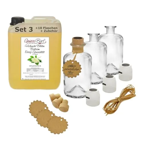 Holunderblüten Balsam Essig - Spezialität 5L inkl. 10 Flaschen Korken Kapseln Bast Anhänger herrliche Holundernote 5% Säure vegan