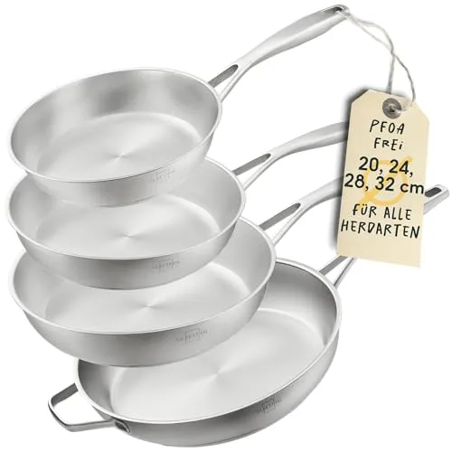 SILBERTHAL Pfannen Set 4-teilig - Edelstahlpfannen unbeschichtet, Induktionsgeeignet - Entdecke das SILBERTHAL Pfannen Set mit 20, 24, 28 & 32 cm – ideal für kreative Kochmomente. Der dreilagige Boden sorgt für gleichmäßige Hitzeverteilung und perfekte Bratergebnisse. Spülmaschinenfest und robust bis 400 °C.