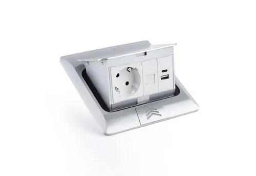 Bodeneinbausteckdose ELBE Inno - 1 Steckdose, 1 USB-A, 1 USB-C, 1 CAT6 RJ45, silbernes Aluminium-Finish mit Soft-Pop-up-Funktion, IP42 und sicherem Schutzsystem