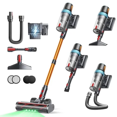 Akku Staubsauger 50KPA/600W/65Min,Selbststehender Staubsauger Kabellos mit 1M Ausziehbarer Schlauch,Wandladestation,Automatikmodus,Anti-Tangle-Bürste,Mehrstufige Filtration für Teppiche/Hartböden/Auto