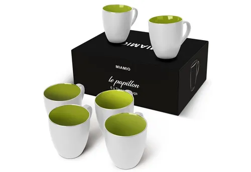 MiaMio Tasse Kaffeetassen Set Le Papillon Kollektion - 6-teiliges Tassen Set aus hochwertigem Steingut, mit edlem matt-weißen Äußeren und farbenfrohem Inneren. Mikrowellen- und spülmaschinenfest, ideal für den täglichen Gebrauch oder als Geschenk.