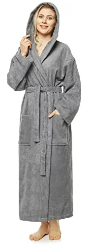 Arus Damen-Bademantel mit Kapuze, knöchellang, Baumwolle, L-XL, Grau