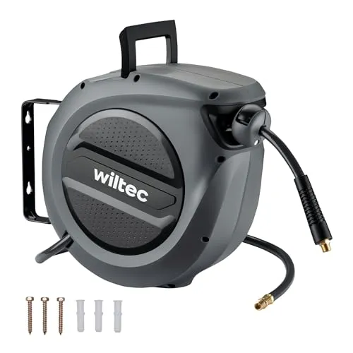 Wiltec Druckluft Schlauchtrommel 15 m, automatische Druckluftschlauchtrommel Stahl, 17 bar Drucklufttrommel, Schlauchaufroller mit 180° Halterung