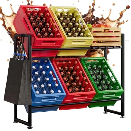 Yorbay Getränkekistenregal für 6 Kisten - Standregal aus stabilem Metall mit einer Tragfähigkeit von 200 kg, ideal für die Aufbewahrung von Getränkekisten, Obst und Gemüse. Vielseitiges Hakendesign für einfachen Zugriff auf Flaschen und Snacks.