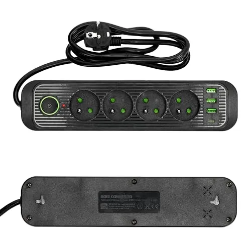 Steckdosenleiste Kobi CONNECTO SCHWARZ 4 Steckdosen 1,5m VERLÄNGERUNGSKABEL mit 4X USB MIT EIN/AUS Schalter und Erdung (Schwarz, 1,5 m)