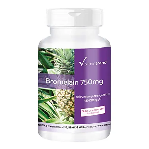 Vitamintrend Bromelain 750mg, 180 Kapseln magensaftresistent, hochdosiert, Nahrungsergänzungsmittel vegan ohne Magnesiumstearat, in Deutschland hergestellt