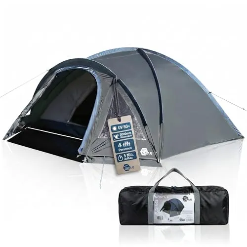 your GEAR Monza Campingzelt für 4 Personen – Leichtes und wasserdichtes Kuppelzelt mit Moskitonetz