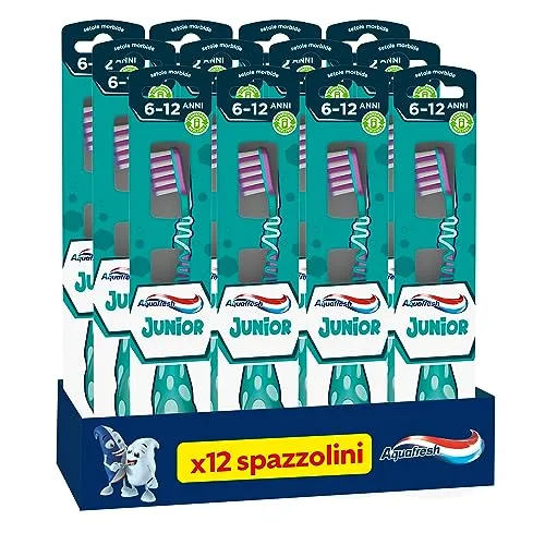 Aquafresh Junior, Zahnbürste für Kinder von 6-12 Jahren, Milch- und Permanentzähne, weiche Borsten, effektive Reinigung, flexibler Hals, 12 Stück