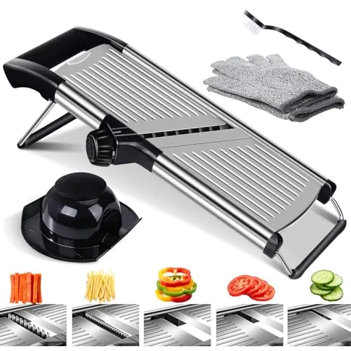 Masthome Gemüsehobel Mandoline, Multifunktion Gemüseschneider Edelstahl mit Schnittfesten Handschuhen, Reibe für Gemüse für Obst und Gemüse, Verstellbar Küchenhobel mit 1 Reinigungsbürste
