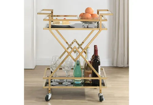FINEBUY Servierwagen Gold mit Rollen - Beistellwagen aus Glas und Metall, mobil und pflegeleicht, ideal für gesellige Abende und vielseitigen Einsatz.