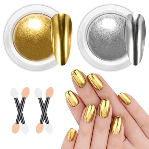 Gold Chrome Nail Powder BISHENGYF:【NO.1 Anhaltender Spiegeleffekt】Cromepulver Nägel Silber, Nagelpuder Metallisch Chrome Puder Nagel Glitzer Nail Charms Gold Nail Art Design Set DIY Pigment Nail 2PCS