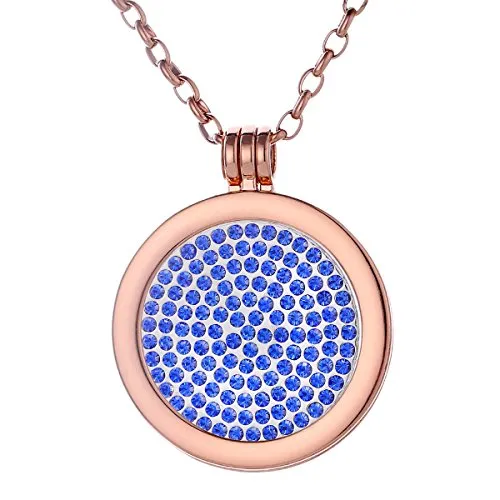 Morella Damen Halskette Rosegold 70 cm Edelstahl mit Amulett und Coin 33 mm Glitzersteine blau in Schmuckbeutel