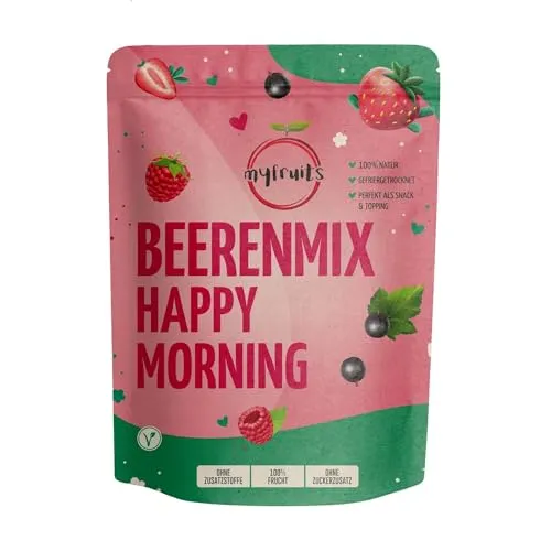 myfruits Beerenmix „Happy Morning“ 100g – Mix aus gefriergetrockneten Himbeeren, schwarzen Johannisbeeren & Erdbeeren, 100% natürlich, ohne Zuckerzusatz, vegan & glutenfrei