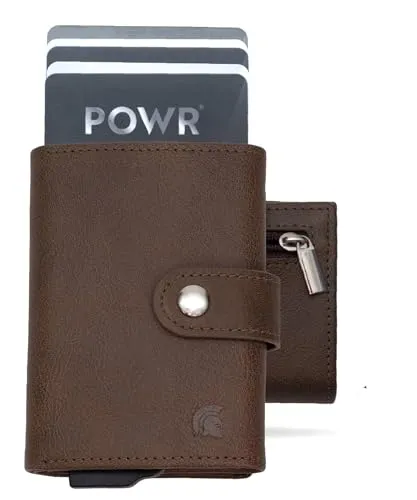 POWR Wallet Herren Metall Kartenhalter Geldbörse mit Münzfach. Braunes Vegan-Leder RFID-Kartenhalter für Männer. Minimalistische Brieftasche Kreditkartenhalter für Männer. Metall-Kreditkartenhalter