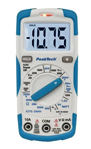 PeakTech Multimeter P 1075 RMS digital – 600 V, 10 A, CAT III - Multimeter für präzise Messungen mit berührungsloser Spannungsanzeige durch NCV-Sensor. Ideal für Profis und Hobbyelektroniker. Stoßfest und mit beleuchtetem Display.