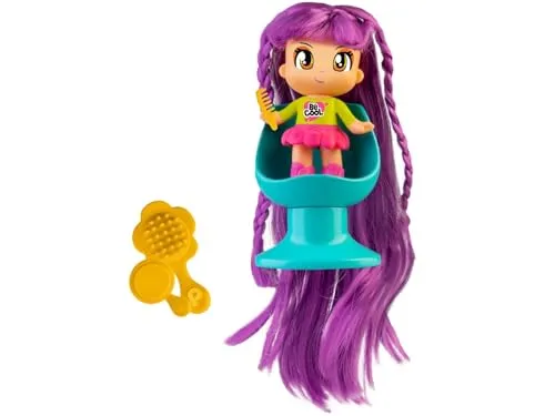 Famosa Pinypon - Super Mähne Lila Haar, Minifigur mit extra langem Haar, Puppe zum Frisieren, mit 1 Friseurstuhl und 3 Accessoires zum Spielen und Kämmen, ab 3 Jahren, (PNY32200)