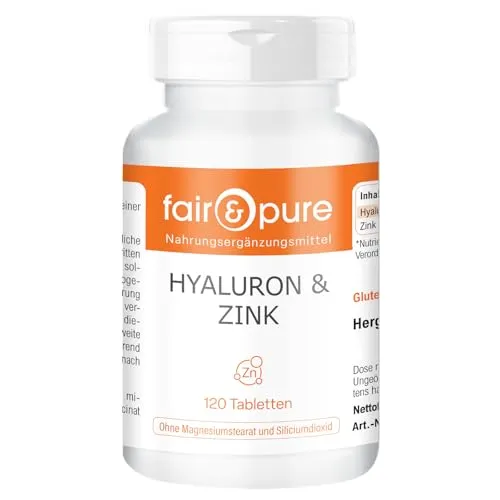 Fair & Pure Hyaluron & Zink, 120 Stück, 500mg Hyaluronsäure Tagesdosis, veganes Nahrungsergänzungsmittel ohne Zusätze, in Deutschland hergestellt