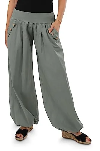 malito more than fashion Haremshose 23245H - Haremshose in Einheitsgröße für Damen, aus 95% Baumwolle, ideal für den Sommer mit elastischem Rippbund und praktischen Taschen für höchsten Tragekomfort und Vielseitigkeit.