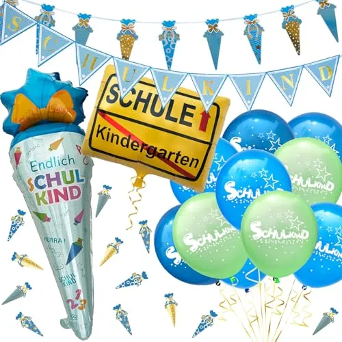 Oblique Unique Einschulung Deko Set für Jungen – XXL Schuleinführung Partydeko Set mit Zuckertüten-Folienballon, Ortsschild-Ballon, Girlanden, Konfetti & Ballons – Schulanfang Deko Schulkind