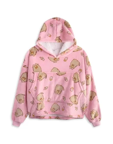 Pusheen Tragbarer Decken-Hoodie für Mädchen | Rosafarbener Kinder-Kapuzenpullover Charakter und Food-Allover-Print | Kinder-Loungewear mit Sherpa-Futter und Taschen, Einheitsgröße