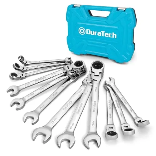 DURATECH 12-teilig Gelenk-Ratschenschlüssel-Satz, Gabelschlüssel Ringmaulschlüssel Satz mit 72 Zähnen, Metrisch, 8-19 mm, Cr-v Stahl, organisiert im Aufbewahrungskoffer