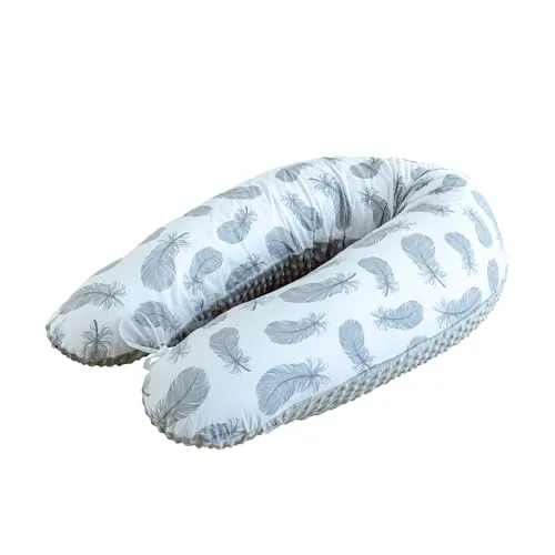 Loolay Seitenschläferkissen Feder WEIß Baumwolle/ MINKY Grau Schwangerschaftskissen M/L o. L/XL, WEICH oder EPS Kügelchen Füllung; 170 oder 190 cm SIZE-Standard, Stillkissen + Kissenbezug abnehmbar mit Reißverschluss!, LOOLAY® 100% Europäische Stoffe und Kleinserien-Nähen! TOP Geschenk! 190 cm