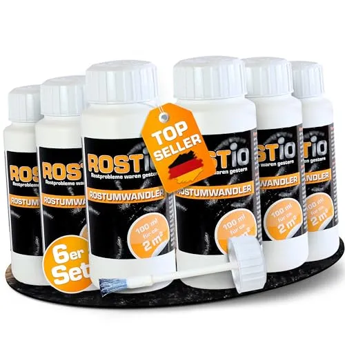 Rostio Rostumwandler 6X 100 ml – Effektiver Rostentferner mit Pinsel - Zuverlässige Rostumwandlung für Stahl und Eisen. Der Rostkonverter schafft eine stabile Haftbrücke für nachfolgende Lackierungen und ist einfach anzuwenden. Ergiebig für bis zu 12 m².