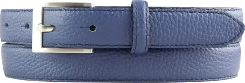 Italienischer Anzug-Gürtel, 25 mm breit, Herren, Anzuggürtel, Hosengürtel, strukturiertes Leder, Schließe Silber | Blau 115cm