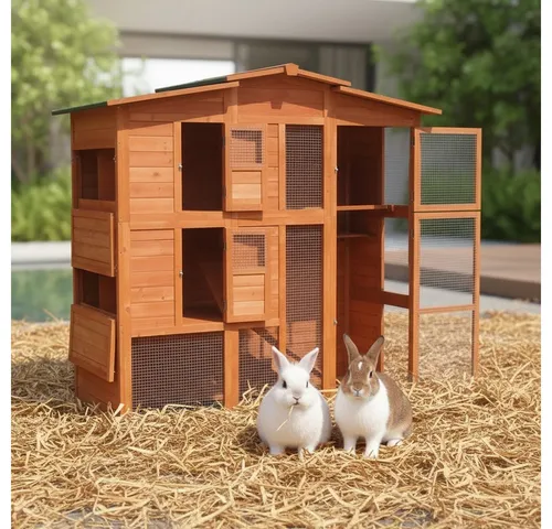 Mucola Kleintierkäfig Hühnerstall Hasenstall - Outdoor Kleintierstall aus Holz, ideal für Hühner und Kaninchen, mit Satteldach, verschließbaren Türklappen und Rampe für einfachen Zugang.