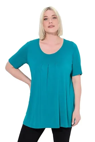 Ulla Popken Damen große Größen Übergrößen Plus Size T-Shirt, Zierfalten, A-Linie, Rundhals, Halbarm, Modal Petrol 42+ 796473769-42+