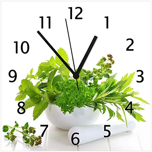 Wallario Wanduhr aus Echtglas: Welt der Kräuter - Verschiedene Kräuter in einem weißen Mörser, Größe 30 x 30 cm, Schwarze Zeiger