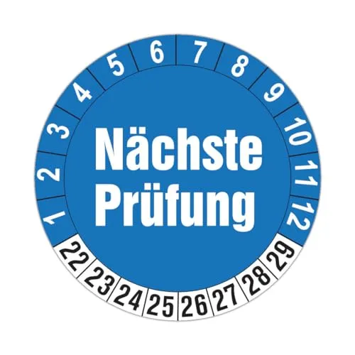Stück Prüfplaketten für 8 Jahre und 12 Monate (Auf-P1) Ø 30mm | Farbe blau-weiss | Prüfaufkleber | Prüfetiketten | Folienaufkleber mit UV-Schutzlackierung 100