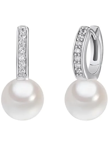 Rafaela Donata Paar Creolen Perlencreolen aus 925 Sterling Silber - Elegante Klappcreolen aus 925 Sterling Silber mit schimmernden Muschelkernperlen und glitzernden Zirkonia-Steinen – der perfekte Ohrschmuck für besondere Anlässe oder als Geschenk.
