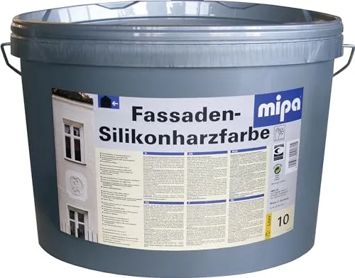 MIPA Fassadenfarbe Silikonharzfarbe, 10Ltr. - Wetterbeständig und Diffusionsfähig - Lacke, 10Ltr. Inhalt, ideal für langlebige Fassaden mit hoher Wasserabweisung und Spannungsarmut.