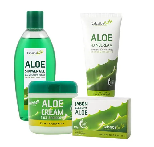 TABAIBA Aloe Vera Reisetaschen Set - Hautpflegeset mit 100% natürlicher Aloe Vera von den Kanaren, ideal für alle Hauttypen. Enthält Duschgel, Körpercreme, Seife und Handcreme für intensive Feuchtigkeit und Pflege.