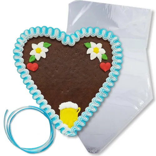 Lebkuchenherz Rohling 21 cm mit Deko blau-weiß BESCHRIFTEN (62,81 EUR/kg)