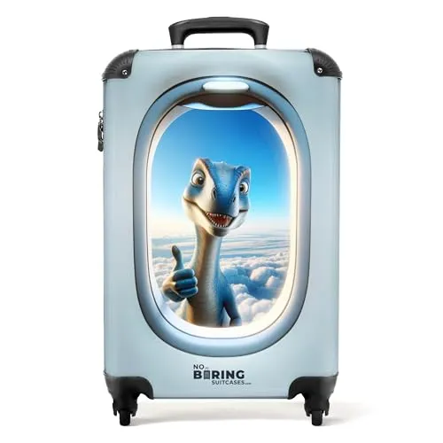 NoBoringSuitcases.com Kinderkoffer Dino - Hellblau - Kindergepäck mit einem leichten Handgepäck Koffer (55x40x20 cm), robust und umweltfreundlich, ideal für kleine Abenteurer mit einem integrierten Zahlenschloss für mehr Sicherheit.