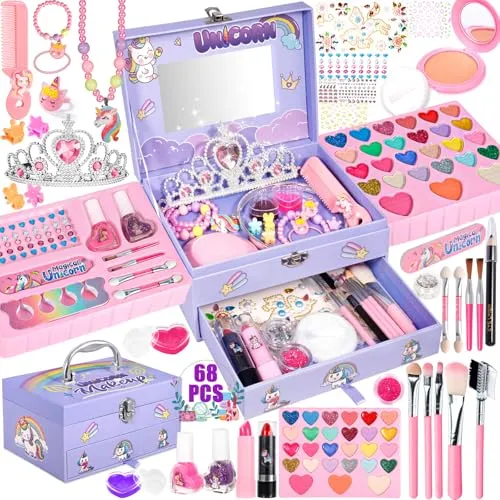 POWLYB Kinderschminke Schminkkoffer für Mädchen – 68-teiliges Make-up Set - 68-teiliges, waschbares Make-up Set für Mädchen, ideal für kreatives Rollenspiel. Enthält alles von Lidschatten bis Nagellack, perfekt als Geschenk für kleine Prinzessinnen.