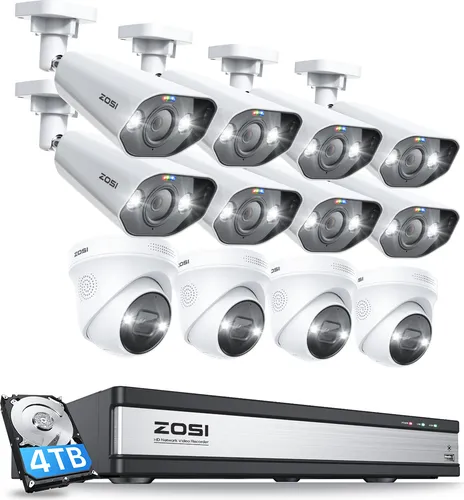 ZOSI 8CH 4K PoE Überwachungskamera Set mit 2TB NVR - WLAN- & Smart-Überwachungssysteme mit AI Funktion zur Personen- und Fahrzeugerkennung, 8 Kanäle, wetterfest und ideal für Innen- und Außenbereich.