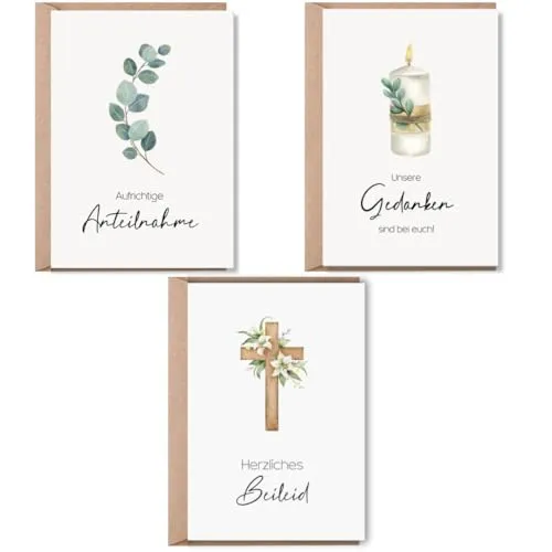 Beileidskarten mit Umschlag | Set Trauerkarte für Beerdigung | Premium Karten Anteilnahme | Klappkarten Beileid bekunden Glückwunschkarten (Trauer) 3 x