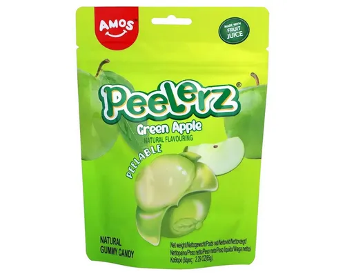 AMOS Süßigkeit, Amos Peelerz Gummies green Apple mit einer fruchtigen Füllung 65g
