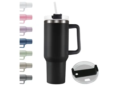 Roomando Thermobecher Becher mit Henkel Strohhalm Edelstahl Autobecher Kaffeebecher schwarz