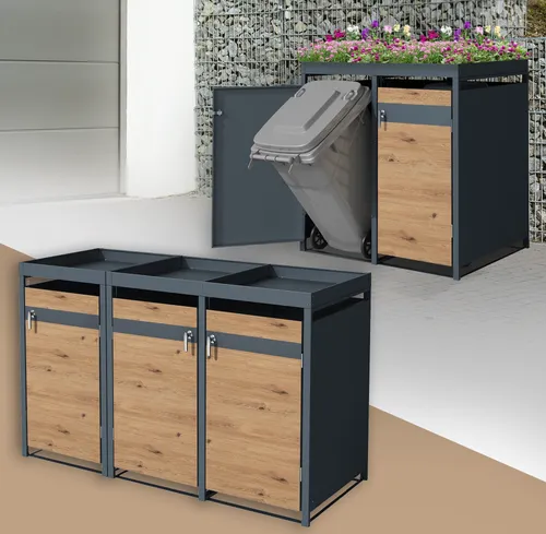 ML-Design Mülltonnenbox 3er mit Pflanzdach - Mülltonnenboxen mit Eiche-Optik und wetterfestem Stahl, ideal zur stilvollen Verkleidung von bis zu 3 Mülltonnen. Integriertes Pflanzdach für kreative Begrünung und gute Luftzirkulation.
